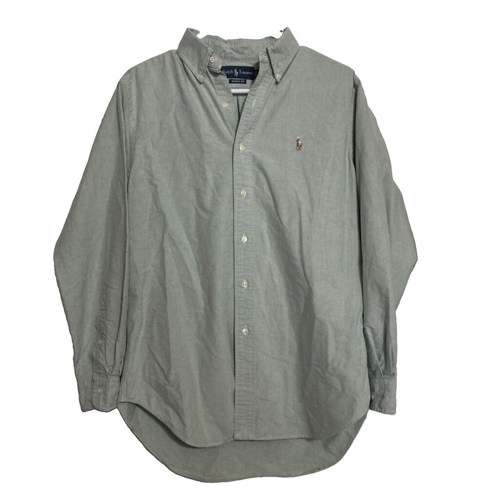 Ralph Lauren 15.5 Light Green Button-Down Shirt Long Sleeve Cotton Pony Logo